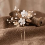 Gold-Tone Floral Pearl Hair Pin with White Flower and Leaf Accents