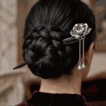 Vintage Black Floral Hair Stick with Pearl Tassel and Silver-Tone Flower Accent